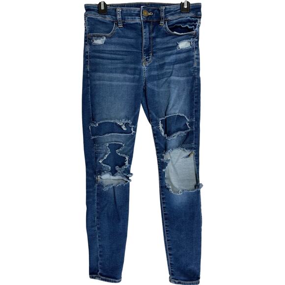 American Eagle Jeans Women Size 6 Short Blue Distressed Ripped High Rise Jegging - Picture 1 of 7